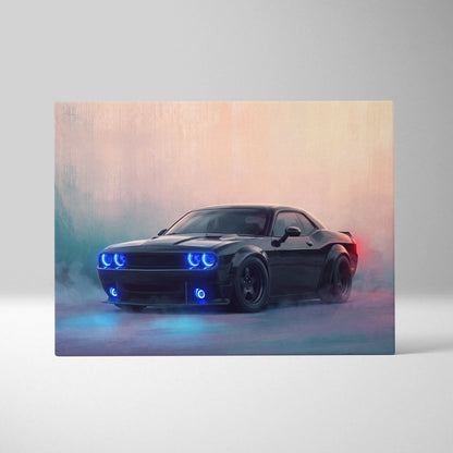 Black dodge challenger srt inspired automotive canvas art with glowing blue headlights and smoky atmospheric background