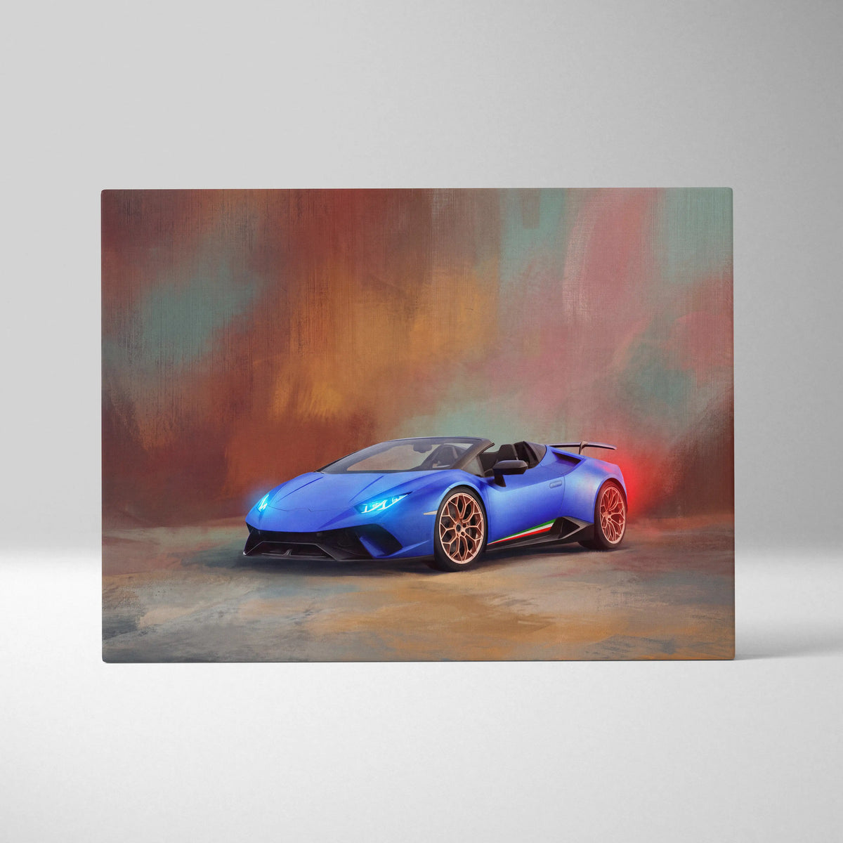 Vibrant blue lamborghini huracán evo spyder canvas art with gold-accented wheels and glowing headlights print