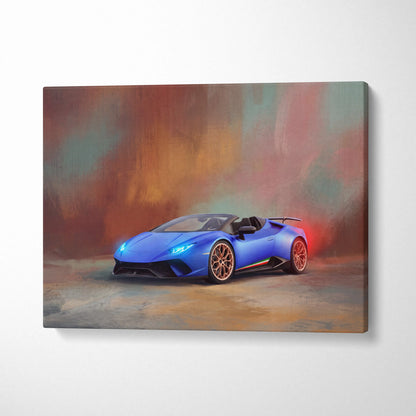 Vibrant blue lamborghini huracán evo spyder convertible in dynamic painterly style on canvas car wall art print