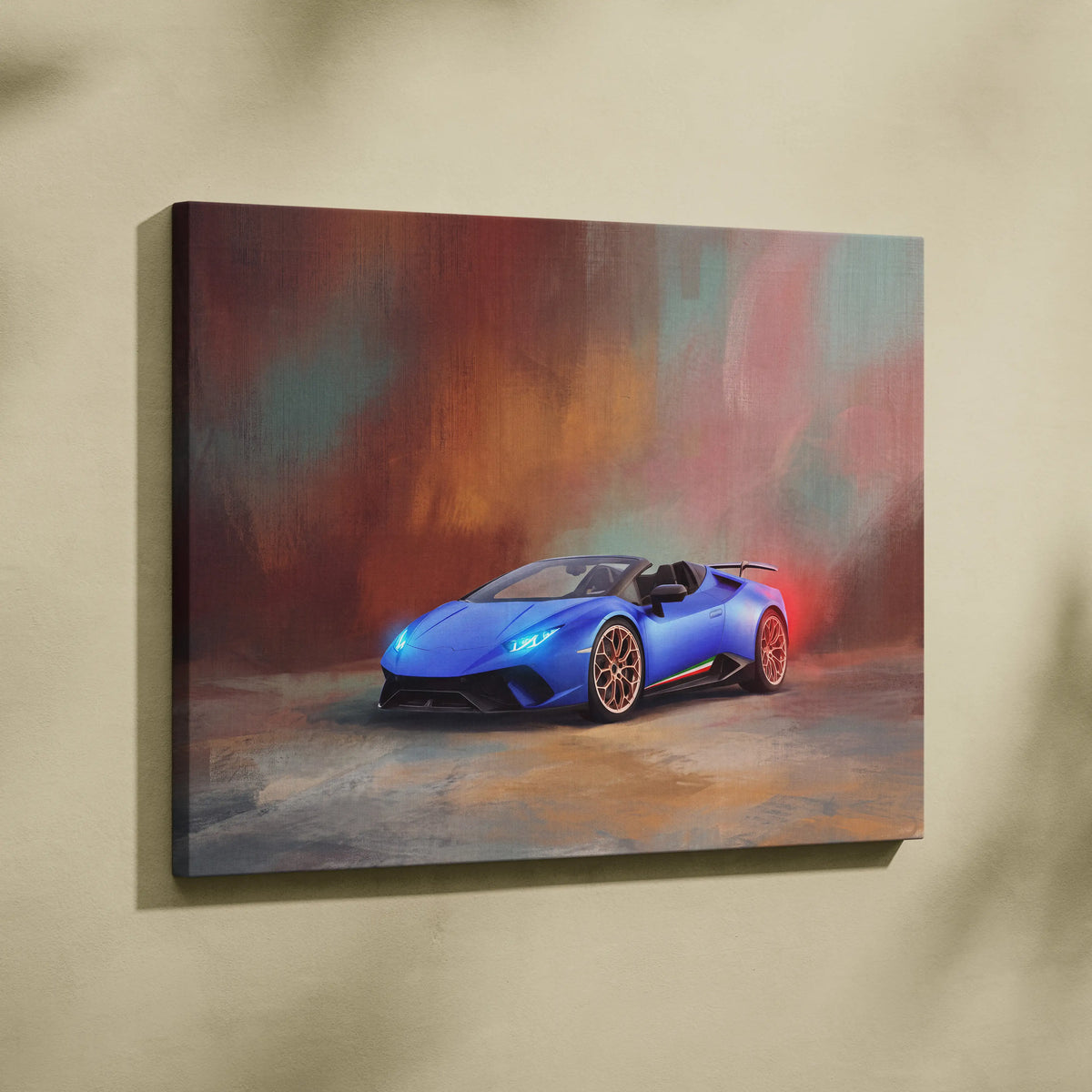 Lamborghini Huracán Evo Spyder inspired blue convertible canvas print with glowing headlights and red-accented wheels