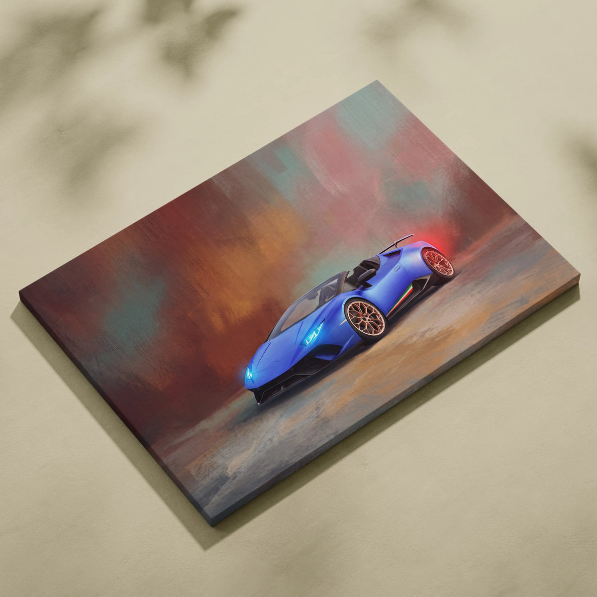 Vibrant blue lamborghini huracán evo spyder inspired supercar canvas art print with glowing headlights and red accents