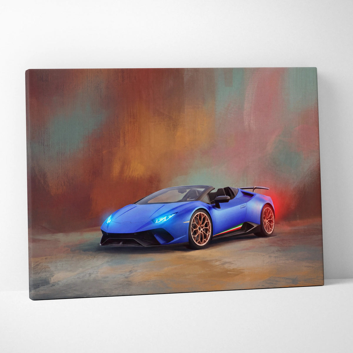 Lamborghini huracán evo spyder inspired vibrant blue convertible canvas print with glowing headlights and orange wheels