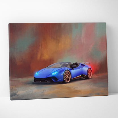 Lamborghini huracán evo spyder inspired vibrant blue convertible canvas print with glowing headlights and orange wheels