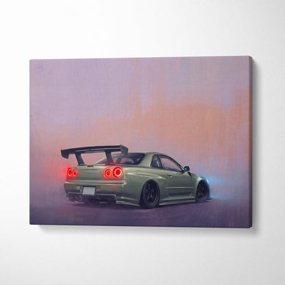 A canvas print of a matte olive green Nissan Skyline R34 with glowing red taillights and black rear spoiler against gradient sky