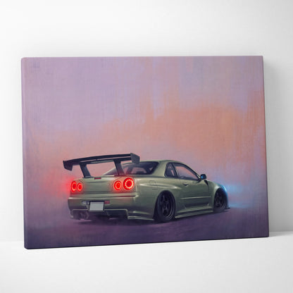 A canvas print of a matte olive green nissan skyline r34 with red taillights and black spoiler against gradient sky