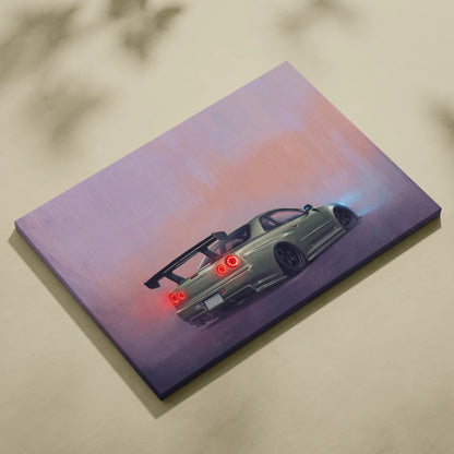 Nissan skyline gt-r inspired canvas art featuring a matte olive green r34 with glowing red taillights and purple pink sky