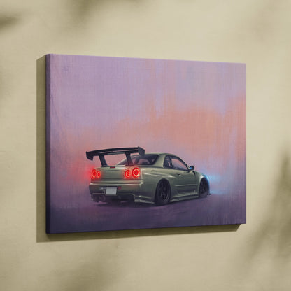 A canvas print of a matte olive green nissan skyline r34 with glowing red taillights and black spoiler on purple background