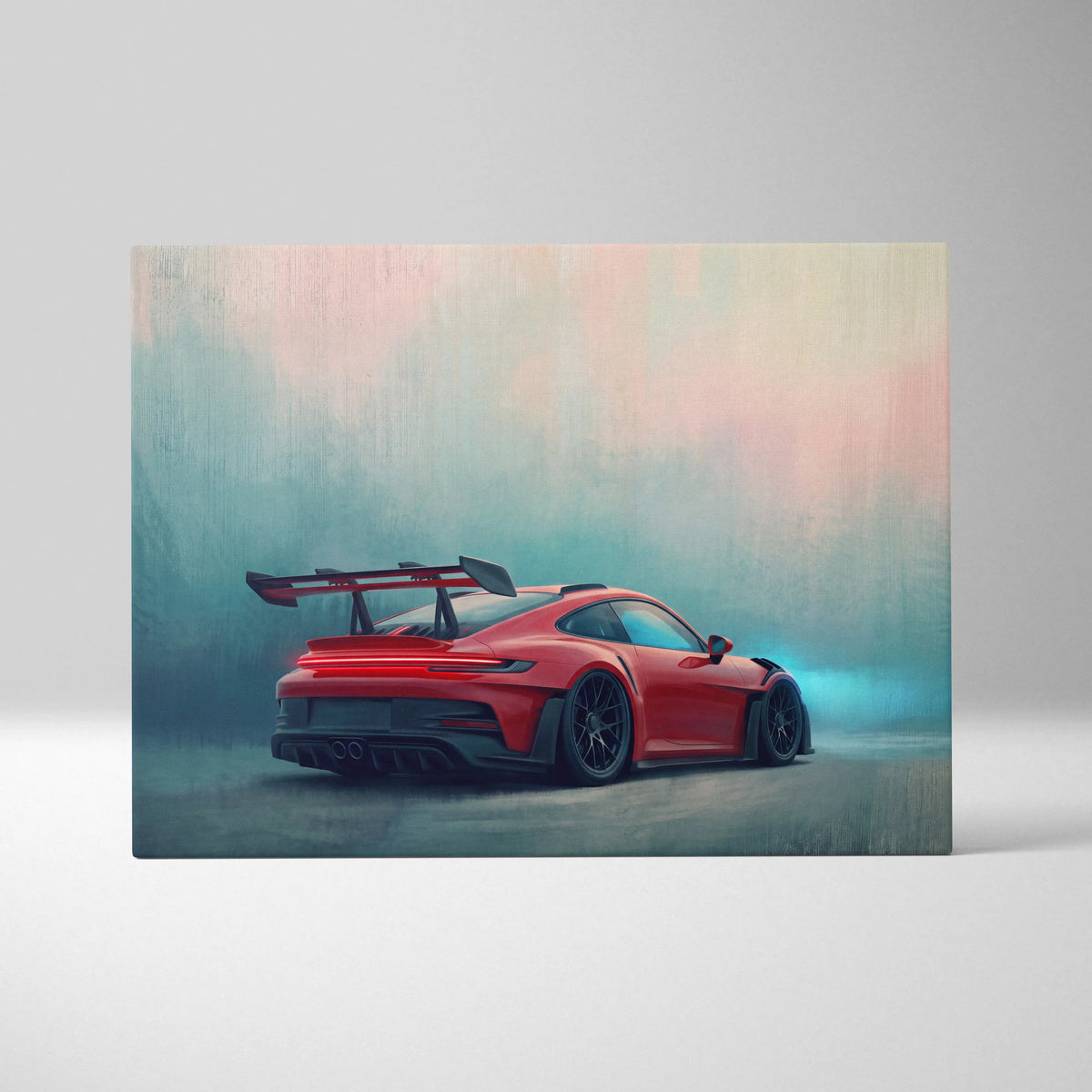 Vibrant red porsche 911 gt3 rs sports car canvas art with black racing wheels and rear spoiler for wall decor