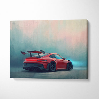 Red porsche 911 gt3 rs inspired canvas art featuring sleek aerodynamic design and black racing wheels premium wall decor