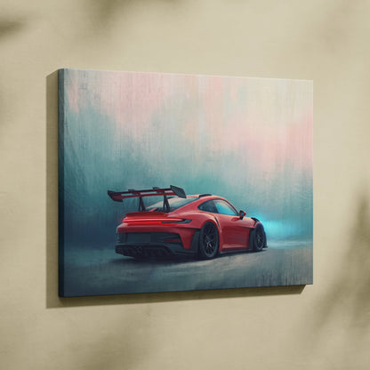 Vibrant red porsche 911 gt3 rs inspired canvas art with sleek sporty design and misty dramatic background for wall decor