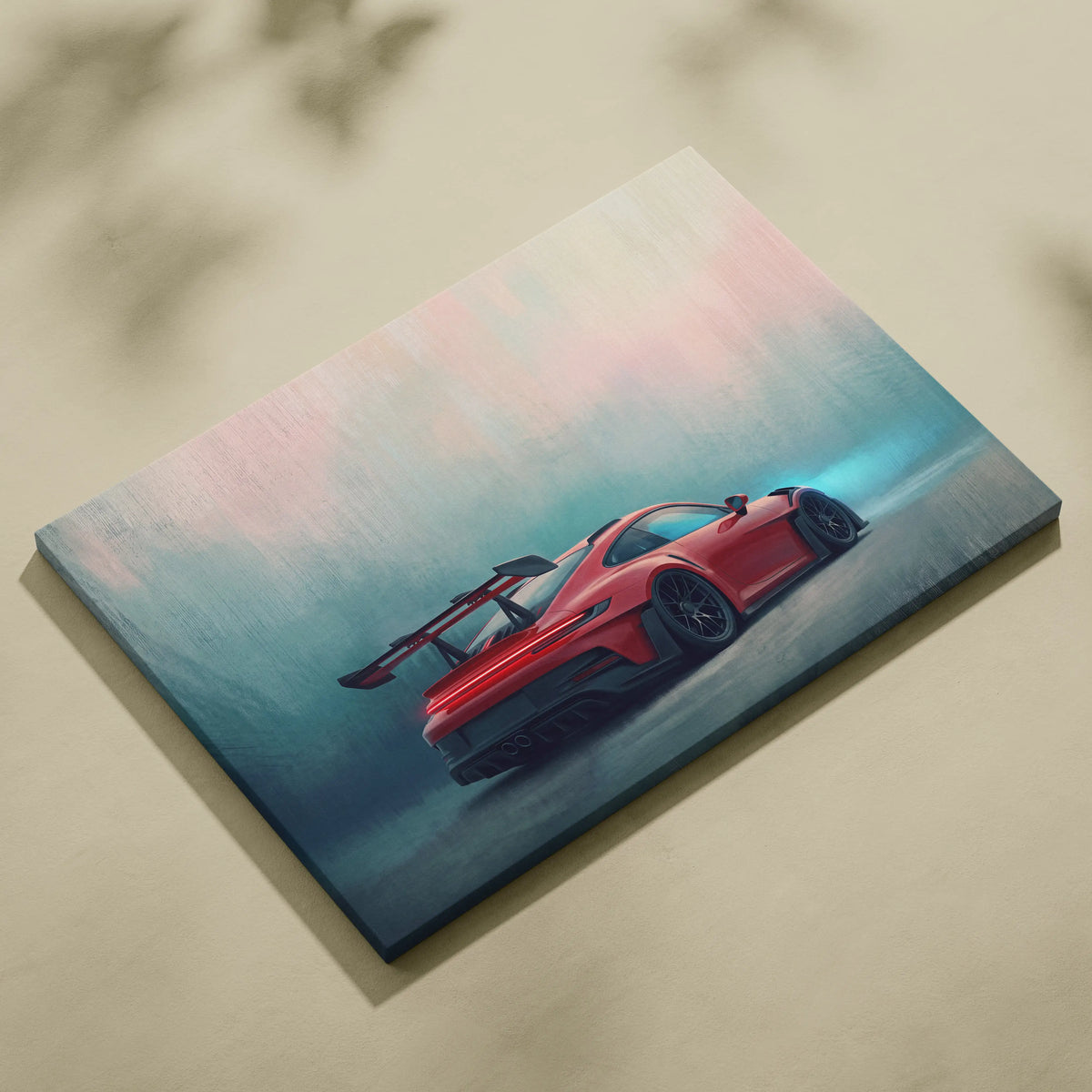Porsche 911 GT3 RS inspired canvas art featuring a red sports car with black rims and rear spoiler against gradient sky