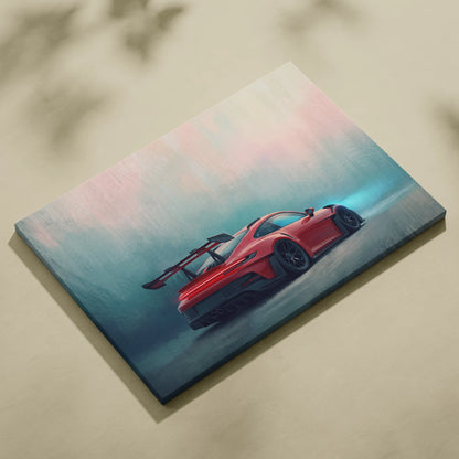 Porsche 911 GT3 RS inspired canvas art featuring a red sports car with black rims and rear spoiler against gradient sky