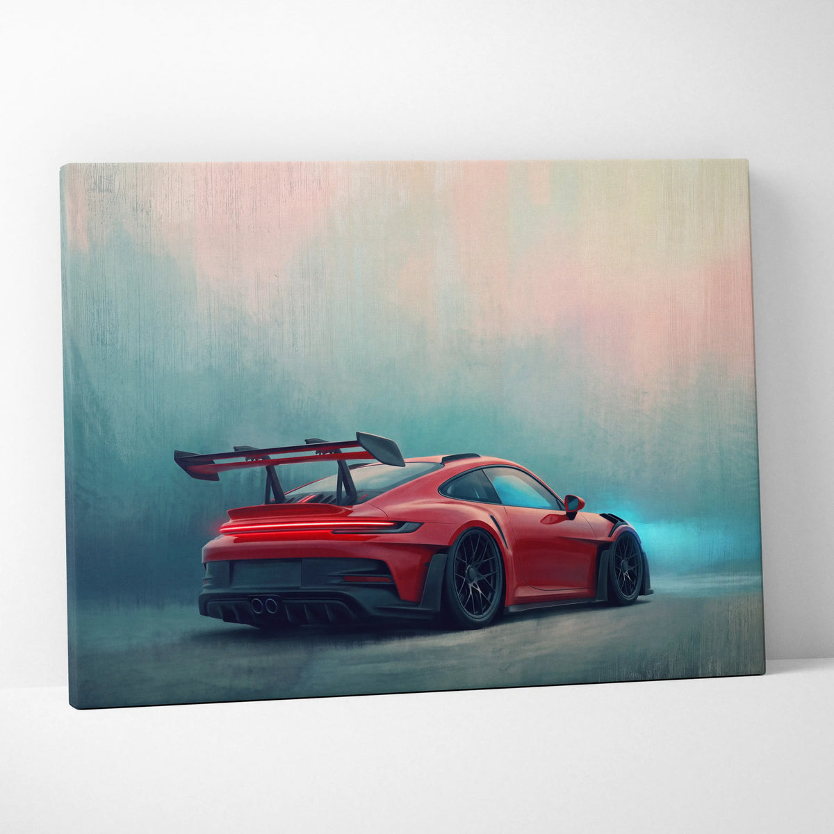 Red Porsche 911 GT3 RS inspired canvas art featuring a sleek aerodynamic design with black racing wheels for wall decor