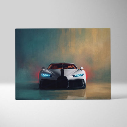 Bugatti chiron pur sport inspired car wall art canvas painting print of a sleek white bugatti with blue headlights and black stripe