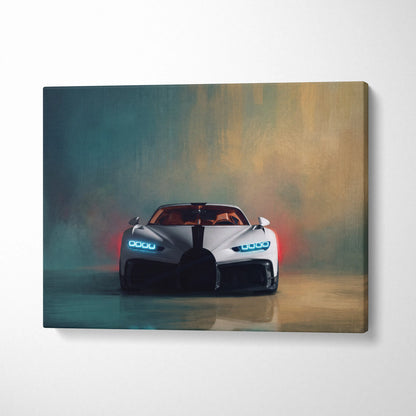 White bugatti chiron canvas print with glowing blue headlights and black racing stripes for car wall art track edition