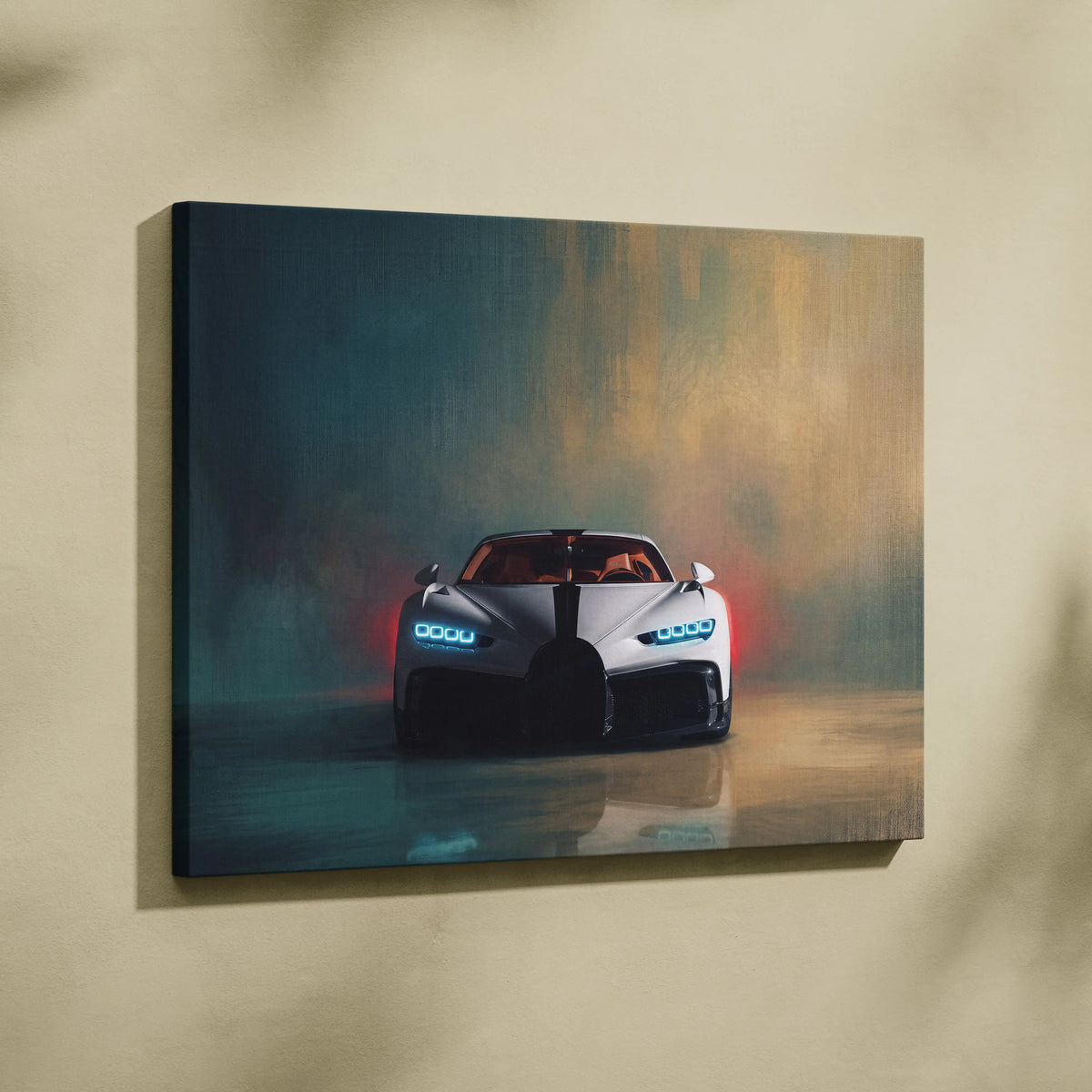 White and black bugatti chiron canvas print with glowing blue headlights for car wall art track edition decor