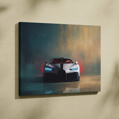 White and black bugatti chiron canvas print with glowing blue headlights for car wall art track edition decor