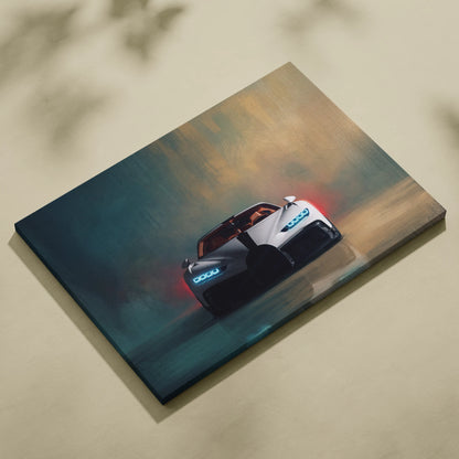 Bugatti Chiron Pur Sport inspired car wall art featuring a sleek white and black canvas with glowing blue LED headlights