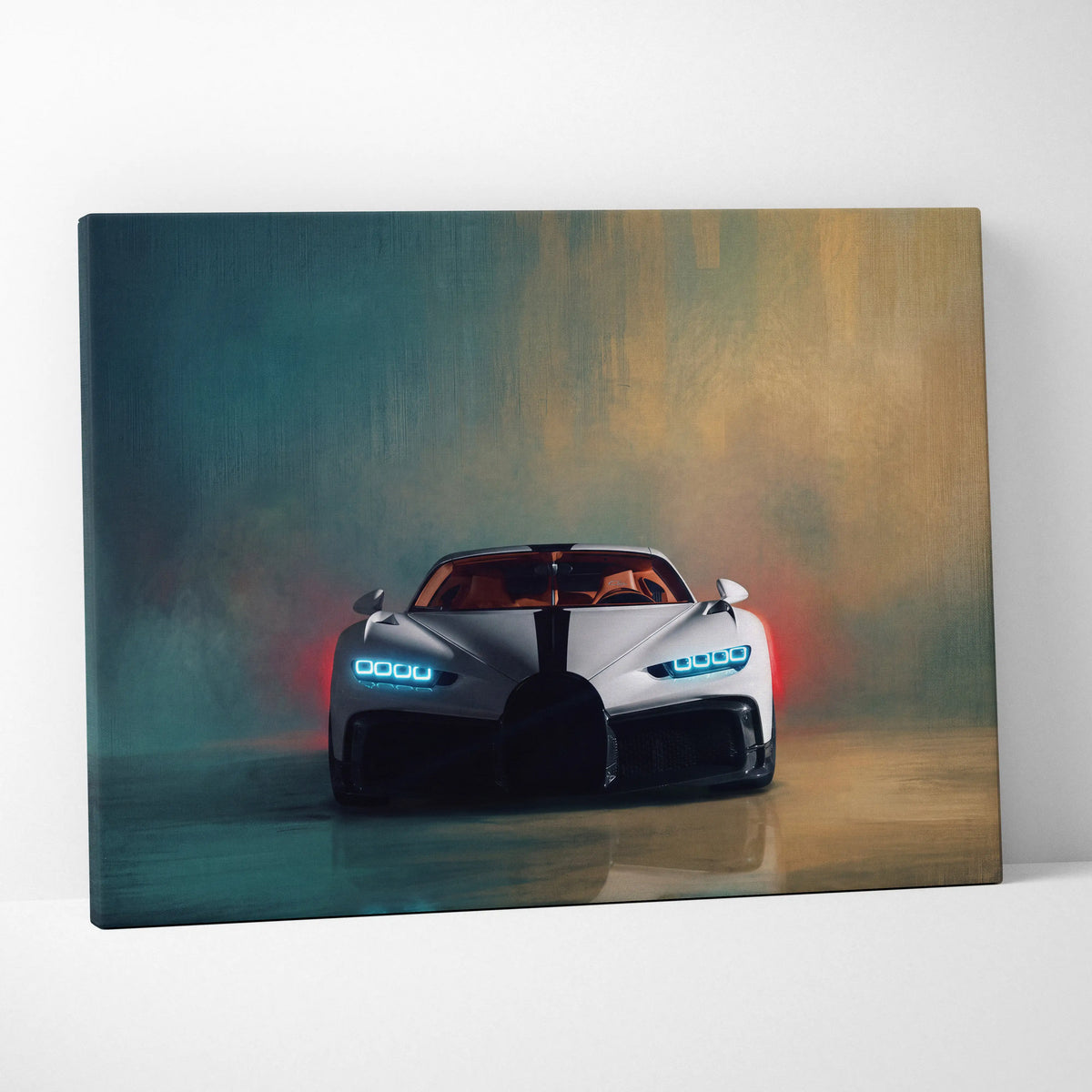 Bugatti chiron pur sport inspired car wall art canvas painting print with white car glowing blue headlights and black stripe