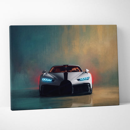Bugatti chiron pur sport inspired car wall art canvas painting print with white car glowing blue headlights and black stripe