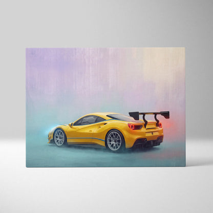 Ferrari 488 pista inspired automotive wall art featuring a vibrant yellow 488 gt3 race car with black wing and silver wheels