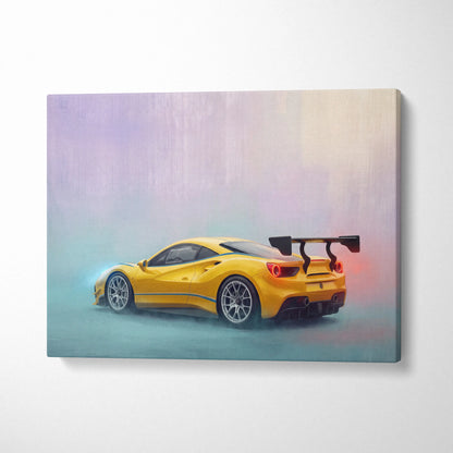 Vibrant yellow ferrari 488 pista inspired automotive wall art showing dynamic rear view with black spoiler and glowing taillights