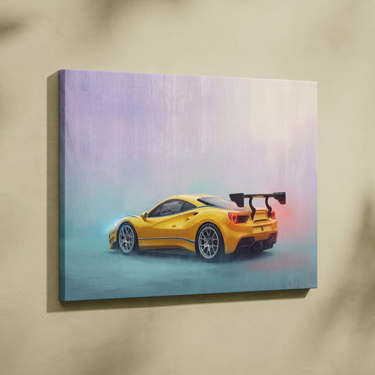 Vibrant yellow ferrari 488 pista inspired sports car canvas print featuring sleek aerodynamic design and rear spoiler