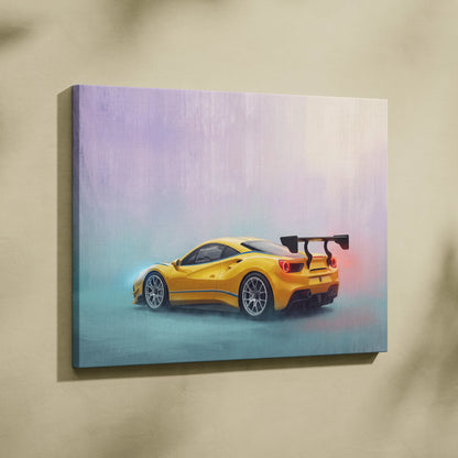 Vibrant yellow ferrari 488 pista inspired sports car canvas print featuring sleek aerodynamic design and rear spoiler