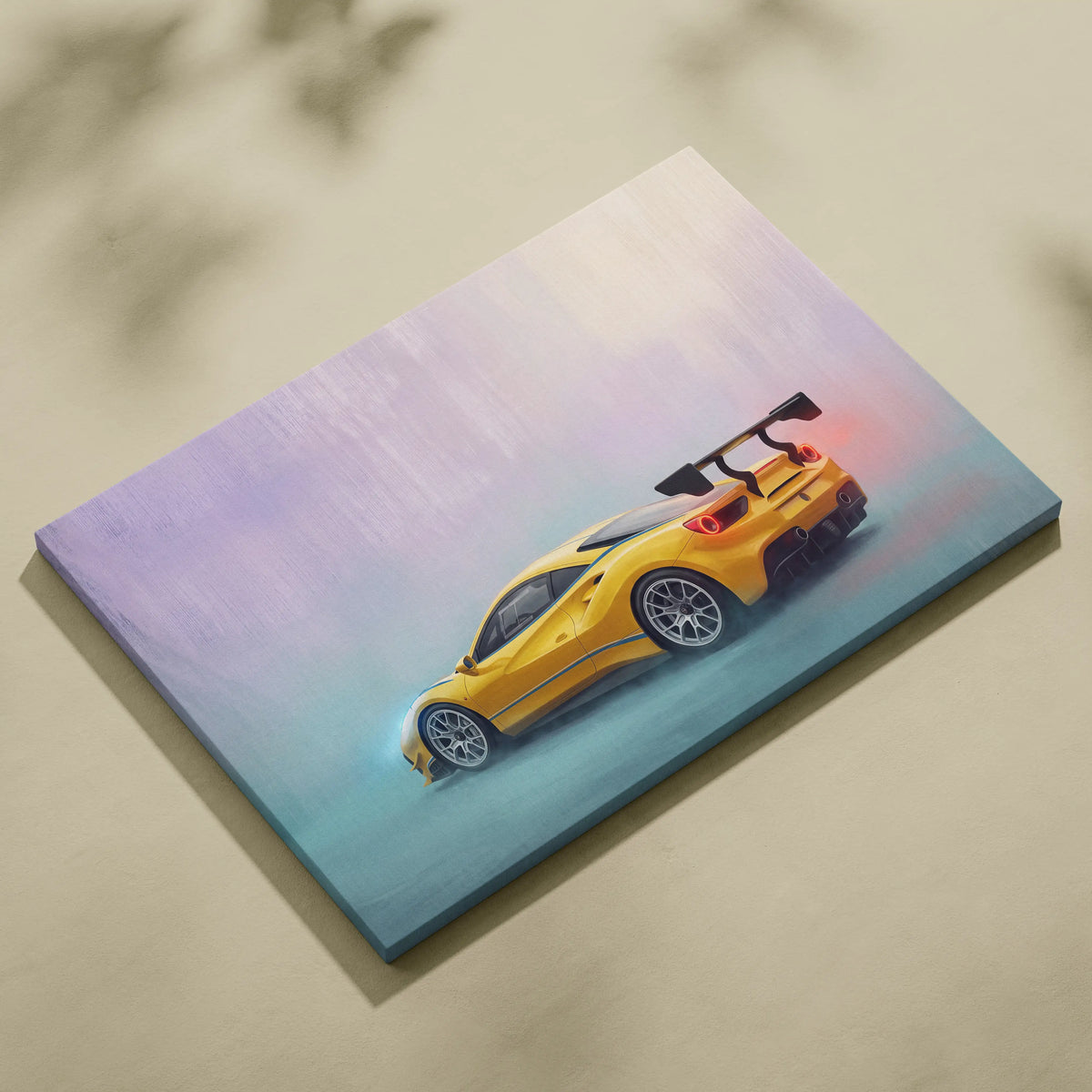 Vibrant yellow Ferrari 488 Pista inspired sports car canvas print with aerodynamic design and glowing red taillights