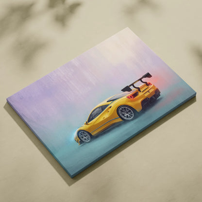 Vibrant yellow Ferrari 488 Pista inspired sports car canvas print with aerodynamic design and glowing red taillights
