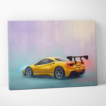 Vibrant yellow Ferrari 488 Pista inspired sports car side profile on acrylic canvas luxury supercar wall art print
