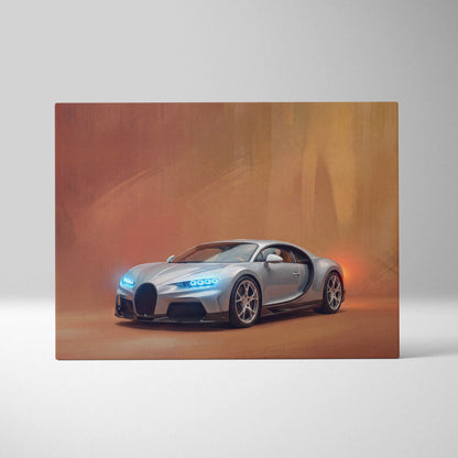 Silver Bugatti Chiron inspired supercar canvas art with glowing blue headlights and sleek aerodynamic design print