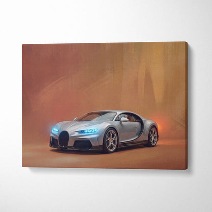 Bugatti Chiron inspired supercar canvas art featuring a silver dynamic painting with glowing blue headlights and sleek design