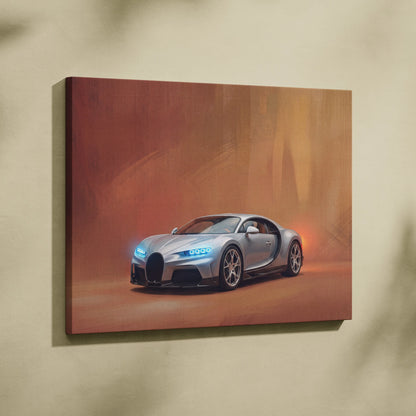 Silver Bugatti Chiron supercar canvas art print with glowing blue headlights on warm amber painterly background