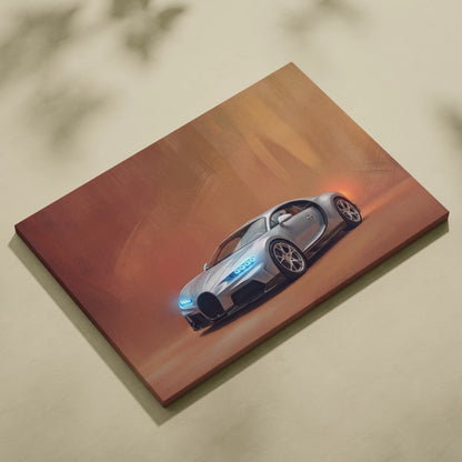 Silver Bugatti Chiron inspired supercar canvas art print with sleek design and glowing blue headlights on orange background