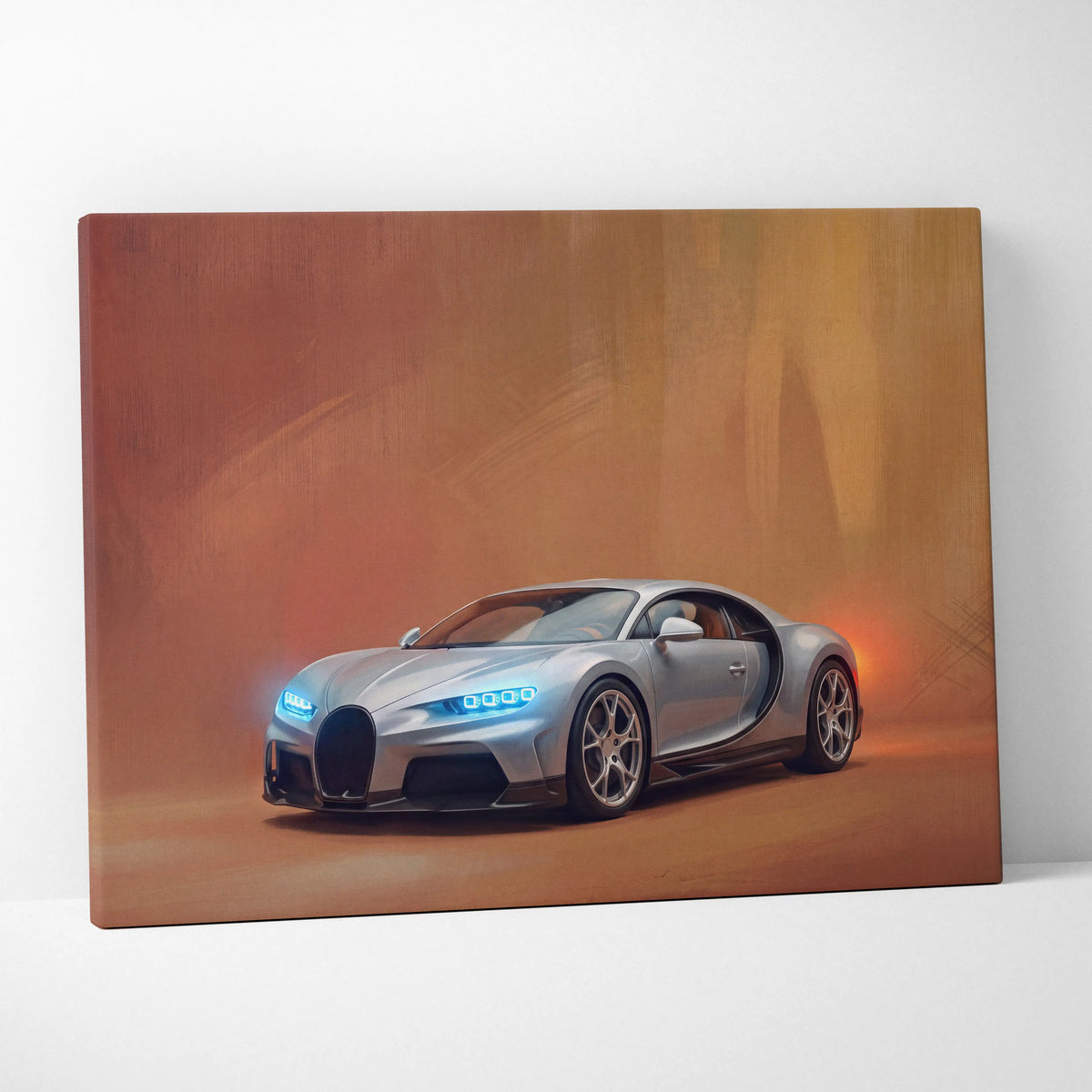 Silver Bugatti Chiron inspired supercar canvas art print with glowing blue headlights on orange-hued background