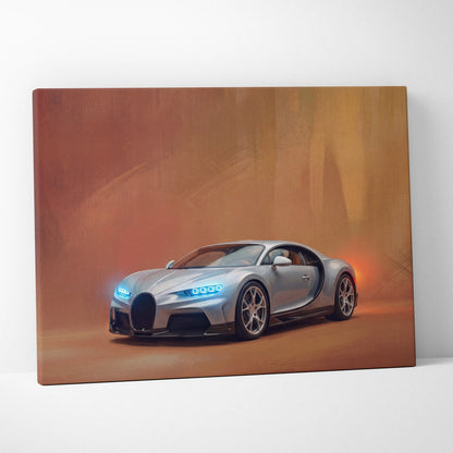 Silver Bugatti Chiron inspired supercar canvas art print with glowing blue headlights on orange-hued background
