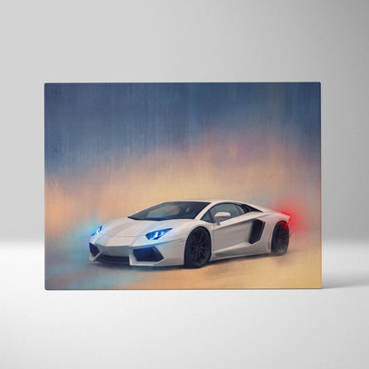 White lamborghini aventador sports car canvas print with glowing blue and red lights smoke background wall decor