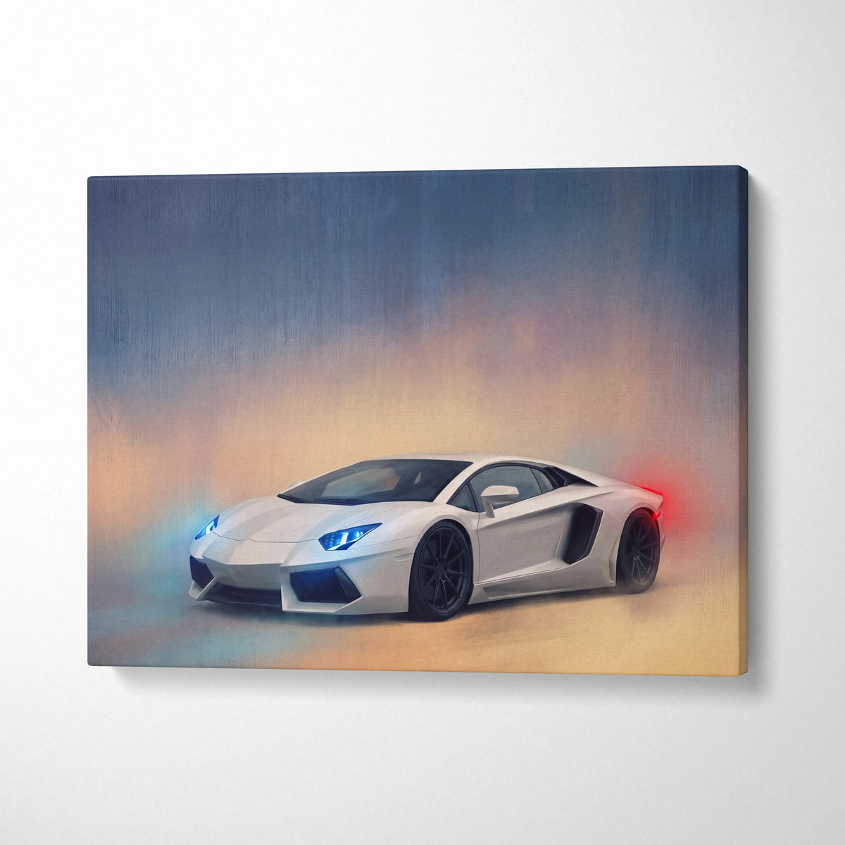 White lamborghini aventador canvas art featuring a sleek sports car with glowing blue headlights and red taillights
