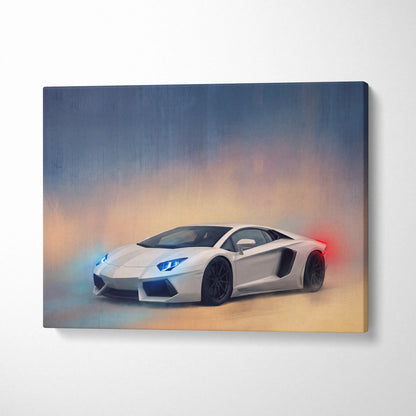 White lamborghini aventador canvas art featuring a sleek sports car with glowing blue headlights and red taillights