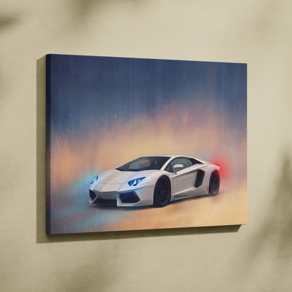 Lamborghini Aventador inspired white canvas art with glowing blue headlights and red taillights for premium wall decor