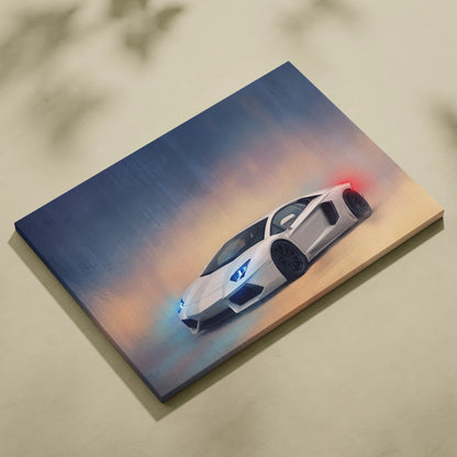 White Lamborghini Aventador canvas art with glowing blue and red accents premium automotive wall decor