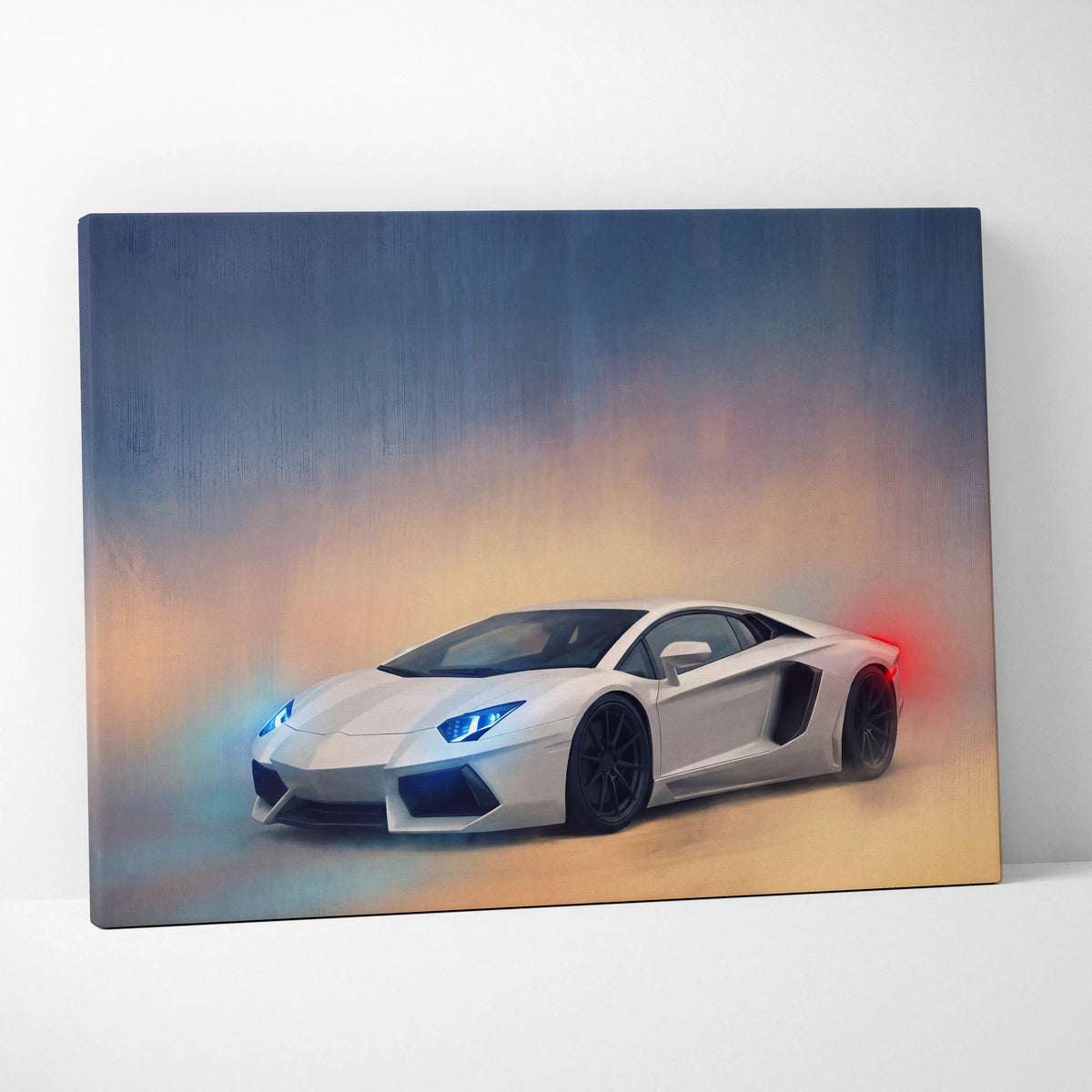 White lamborghini aventador canvas print with glowing blue headlights and red taillights for premium wall decor