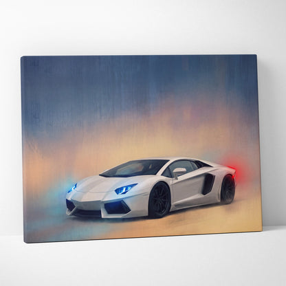 White lamborghini aventador canvas print with glowing blue headlights and red taillights for premium wall decor