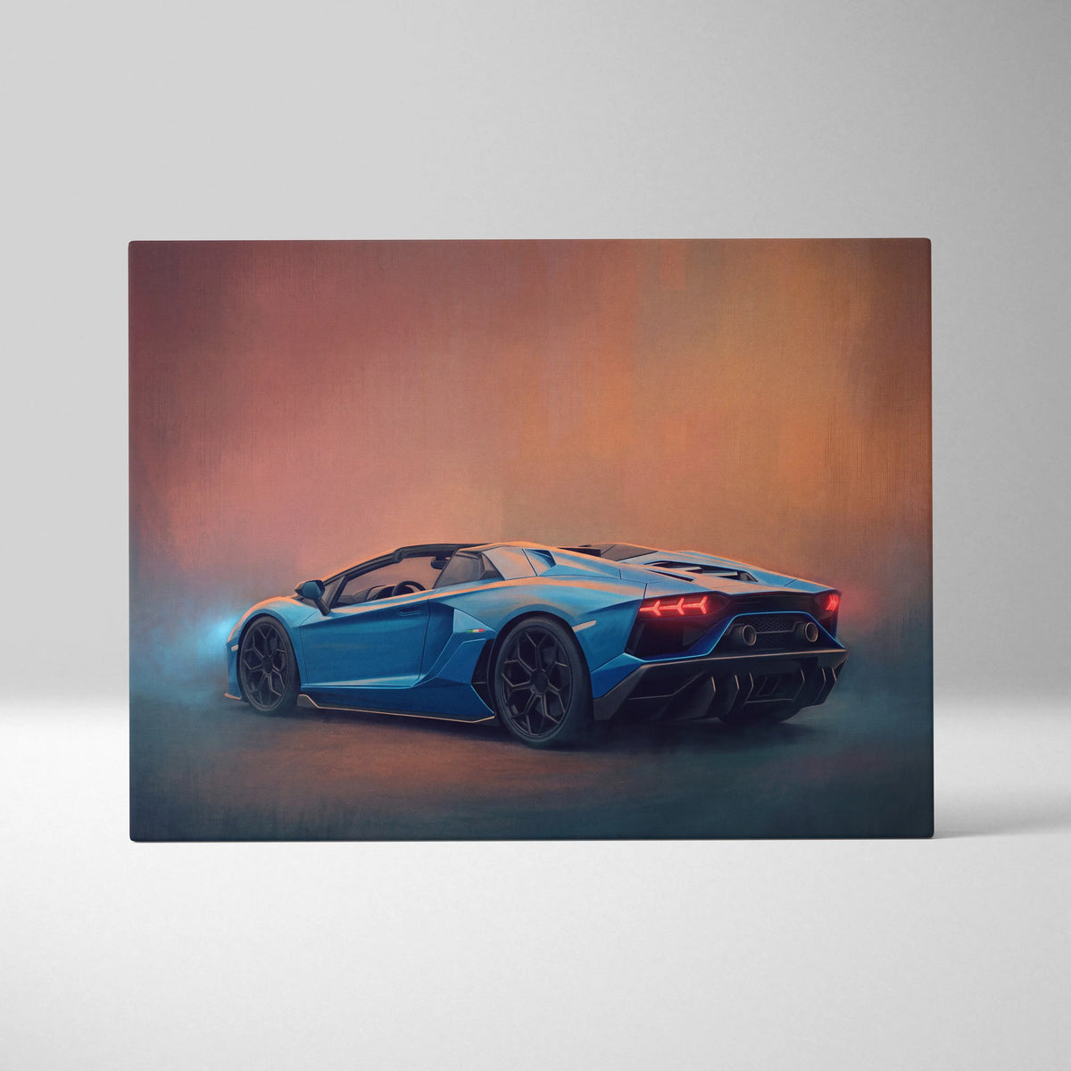 Vibrant blue lamborghini aventador roadster canvas painting print with glowing red taillights and misty background