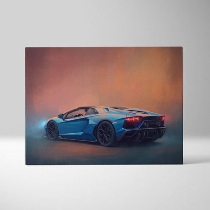 Vibrant blue lamborghini aventador roadster canvas painting print with glowing red taillights and misty background