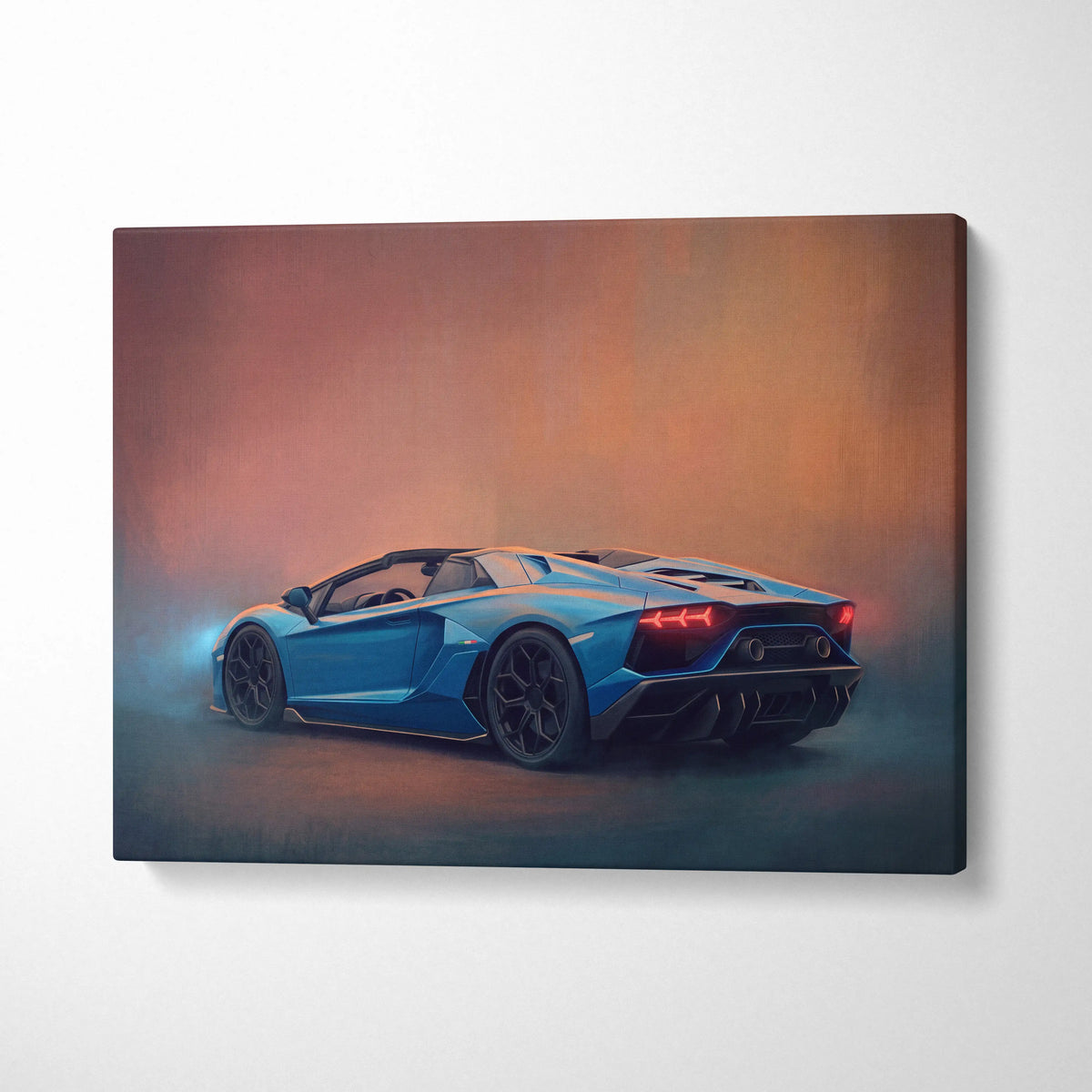 Blue lamborghini aventador roadster convertible canvas print featuring track edition car wall art design