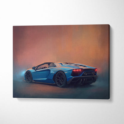 Blue lamborghini aventador roadster convertible canvas print featuring track edition car wall art design