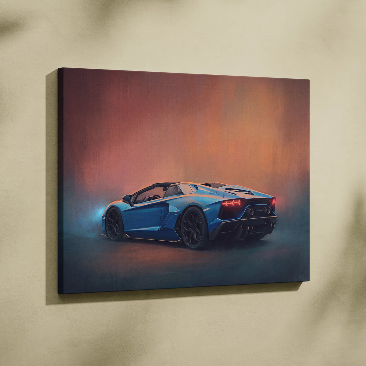 Blue Lamborghini Aventador Roadster inspired convertible canvas wall art featuring track edition design print
