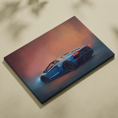 Blue Lamborghini Aventador roadster inspired canvas print featuring a dynamic stylized sports car on gradient background
